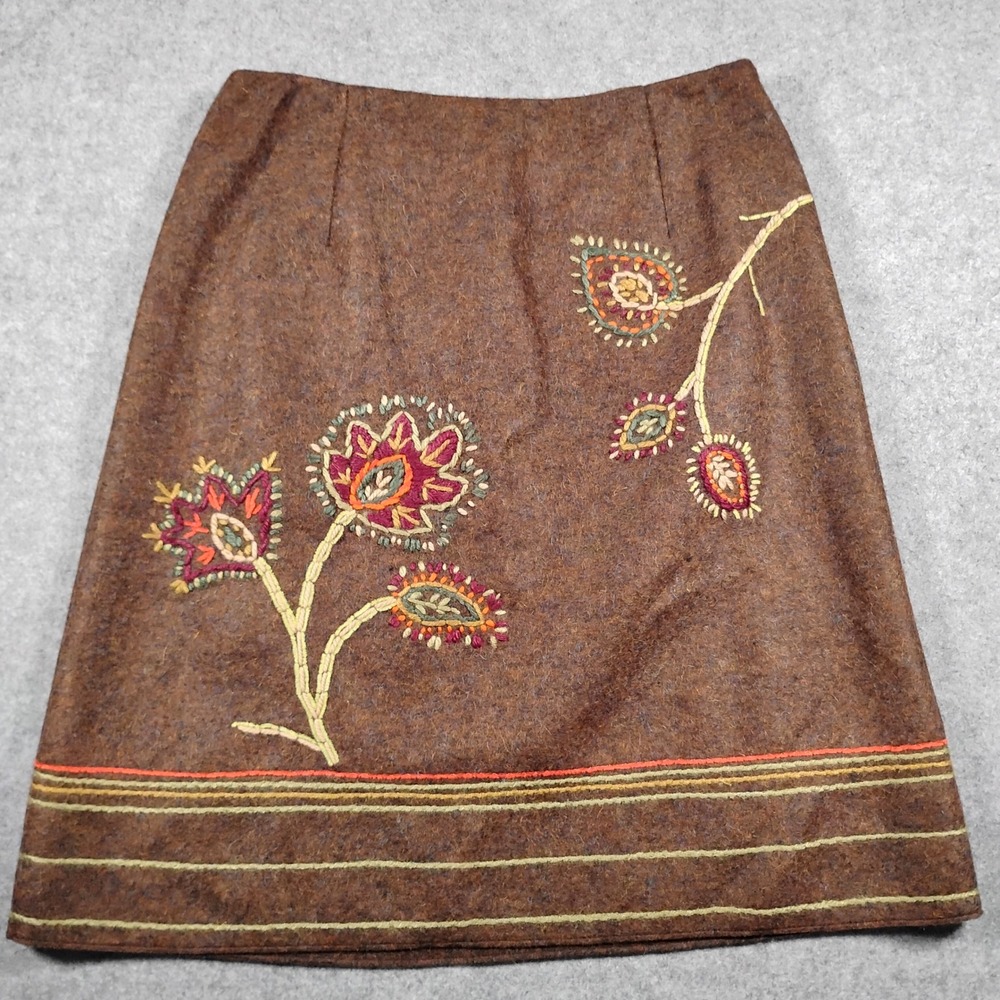 Garnet Hill Embroidered Felted Wool Mohair Blend Skirt Womens 8P Brown Floral